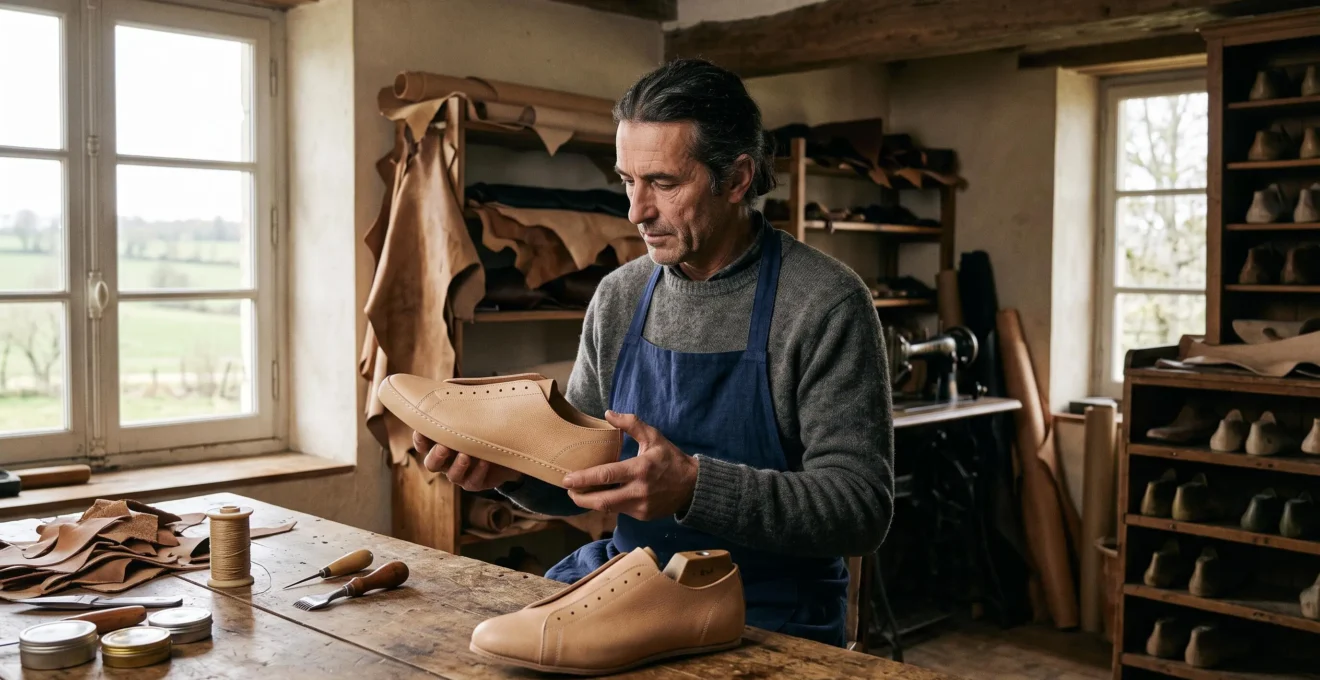 Un artisan examine une paire de baskets en cuir inachevées sur un établi en bois dans un atelier de fabrication française.