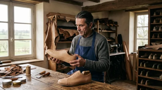 Un artisan examine une paire de baskets en cuir inachevées sur un établi en bois dans un atelier de fabrication française.