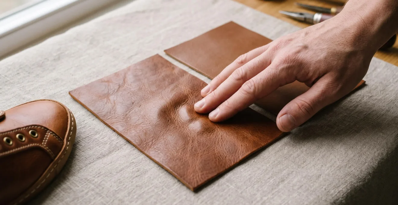 Une main compare deux échantillons de cuir, pleine fleur et fleur corrigée, posés sur une surface claire.