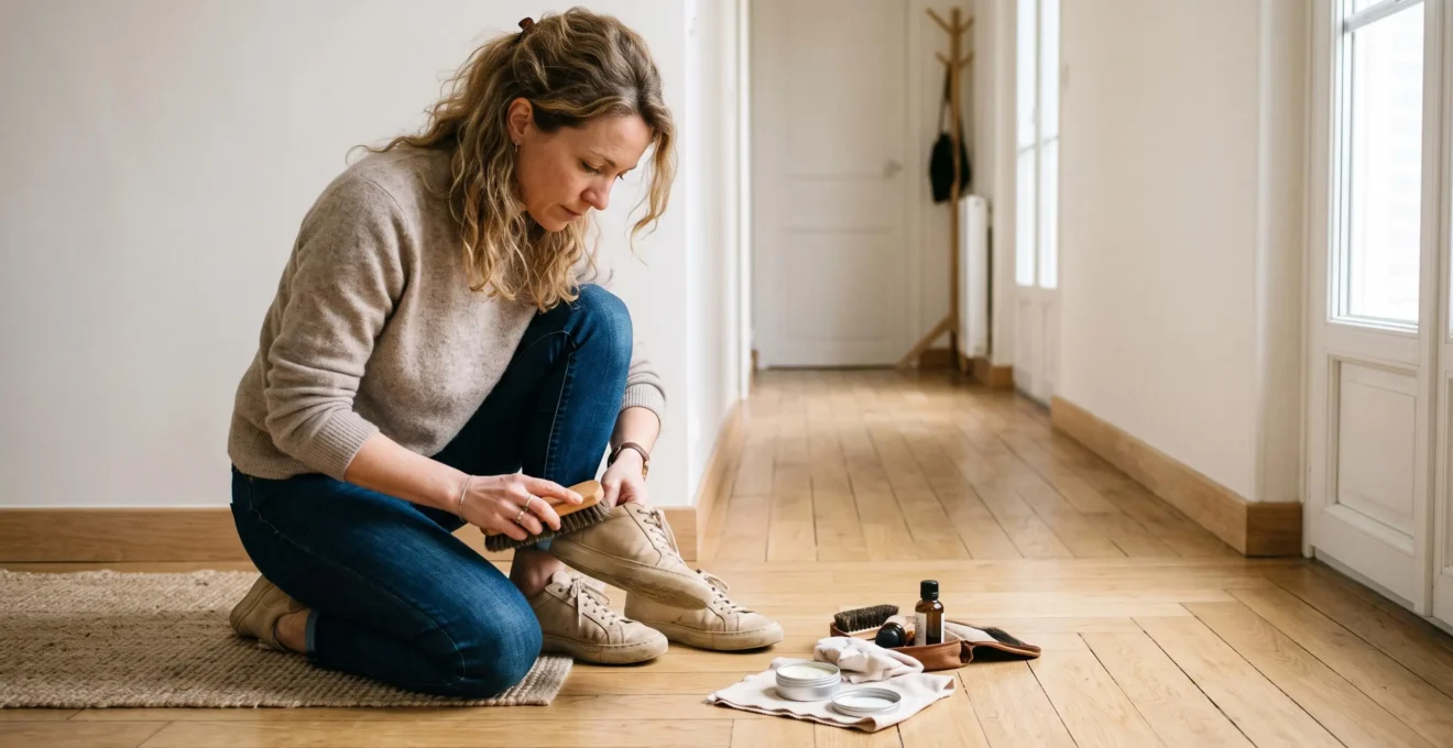 Une femme agenouillée dans le couloir de son appartement brosse une paire de baskets en cuir beige avec une brosse douce.